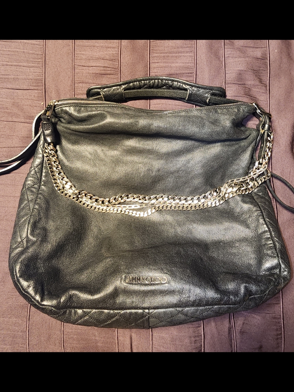FAIR CONDITION-TLC NEEDED! $200 Jimmy Choo Charcoal Gray Leather Shoulder Bag